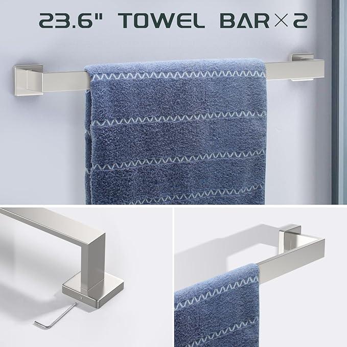 7-Piece Bathroom Hardware Set Brushed Nickel Towel Bar Set with Towel Rack, 2 Square 23-Inch Towel Bars and Stainless Steel Bathroom Accessories Wall Mounted - ModernBath