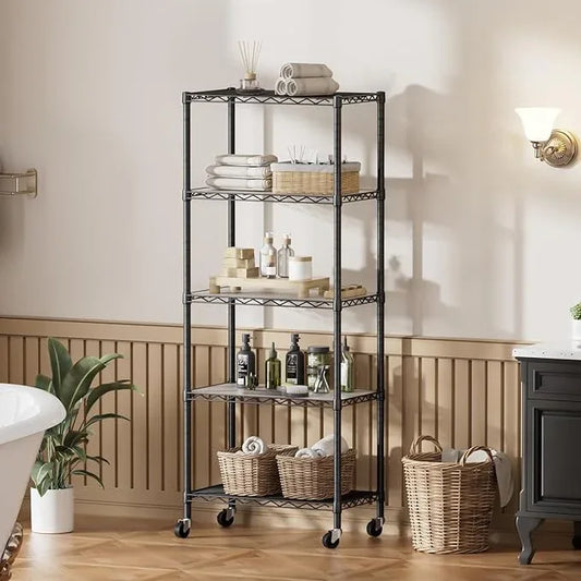 SINGAYE 5 Shelves Storage Shelf Wire Closet Bathroom Organizers Metal Pantry Kitchen Garage Shelving Unit Laundry Room Organization Home Rack Net Basket Black with Wheels - ModernBath