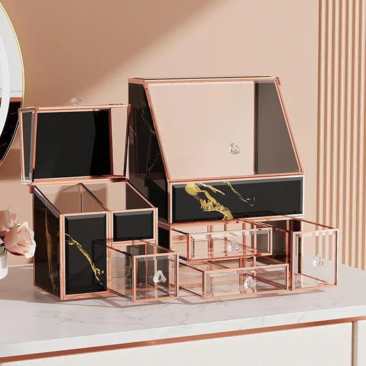 CoralHouse Makeup Organizer Black,Glass Vanity Organizer for Skincare, Perfume, Brushes & Lipsticks – Countertop Makeup Storage Box for Women, Bathroom or Dresser - ModernBath