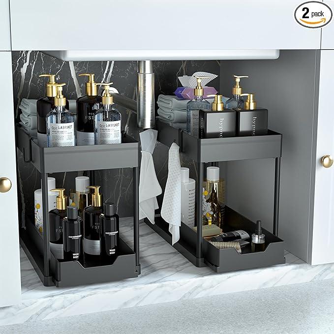 DEKAVA Under Sink Organizer 2 Pack, Bathroom Cabinet Organizer, 2 Tier Sliding Cabinet Basket Organizer Drawer, Multi-Purpose Bath Collection Baskets for Bathroom (Black) - ModernBath