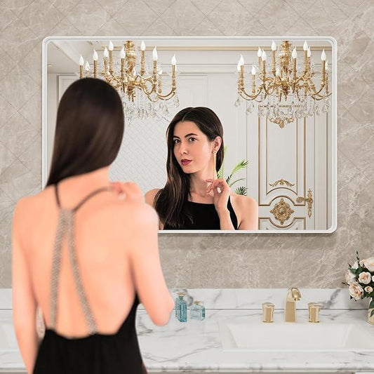 LOAAO 40x32 Inch White Metal Framed Bathroom Mirror for Wall, White Bathroom Vanity Mirror Farmhouse, Large Rounded Rectangle Mirror, Anti-Rust, Tempered Glass, Hangs Horizontally or Vertically - ModernBath