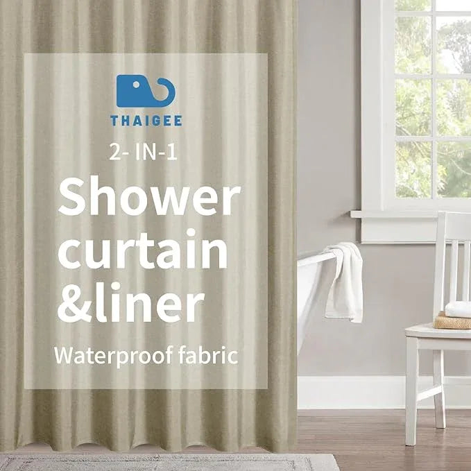 THAIGEE 2-in-1 Waterproof Long Fabric Shower Curtain or Liner,Linen Textured,78 Inch Breathable TPU & Washable Bathroom Shower Curtain Set with 12 Plastic Hooks,Modern,72"x78" Khaki - ModernBath