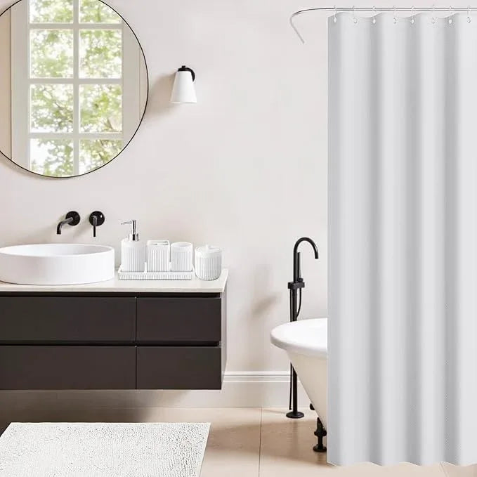 XLHOMO 8-Piece White Bathroom Set - Resin Bathroom Accessories Sets Complete with Shower Curtain and Rugs, Soap Dispenser, Toothbrush Holder, Cup, Tray & Cotton Swab Jars - ModernBath