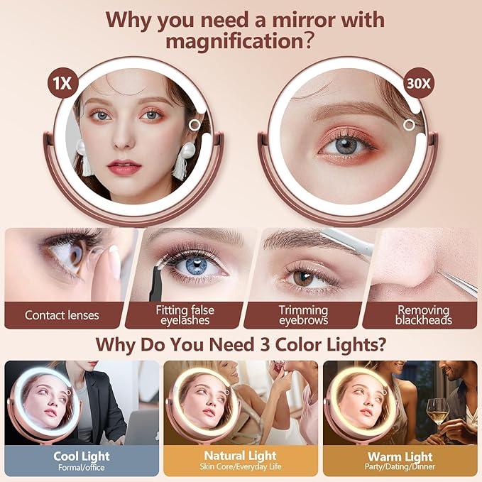 MIYADIVA Makeup Mirror with Lights, 30X Magnifying Mirror with Light and Touch Switch, Vanity Mirror with 3 Color Light and 80 LEDs, Height Adjustable Desk Mirror with Lights, Rose - ModernBath