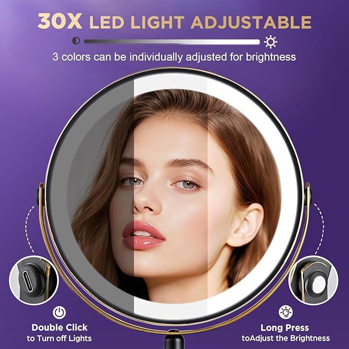 30x Magnifying Mirror with Light, Matte Black with Gold Trim, Makeup Mirror with 3 Color Lights & Brightness Adjustable, 5000mAh Rechargeable Vanity Mirror, Modern Style Side Touch + Side Charge - ModernBath