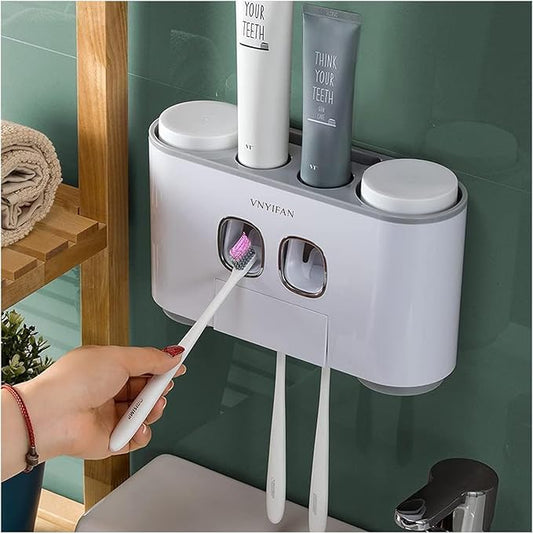 Toothbrush Holders with Toothpaste Dispenser Wall Mounted for Bathroom-4 Cups Automatic Electric Tooth Pastetooth Squeezer-Bathroom Organizer Storage Accessories Set for Kids with 5 Toothbrush Slots