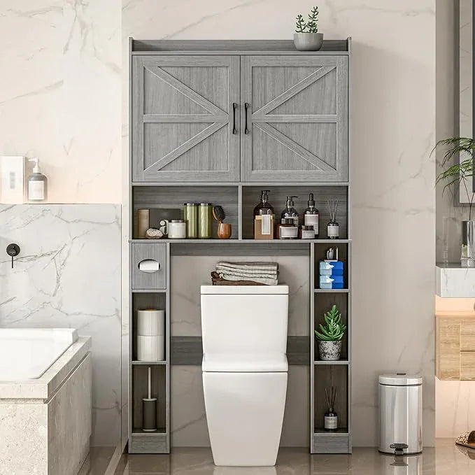 Over The Toilet Storage Cabinet, Farmhouse Toilet Cabinet Rack with Barn Doors, Space Saving Bathroom Organizer with Shelves, Toilet Paper Holder and Towel Rack for Bathroom,Restroom,Laundry,Wash Grey - ModernBath