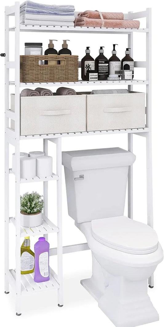 SMIBUY Over The Toilet Storage with Drawers, Large Bathroom Space Saver Organizer Rack, Freestanding Behind Toilet Stand with 6-Tier Shelf and Waterproof Feet Pad for Restroom, Laundry (White) - ModernBath