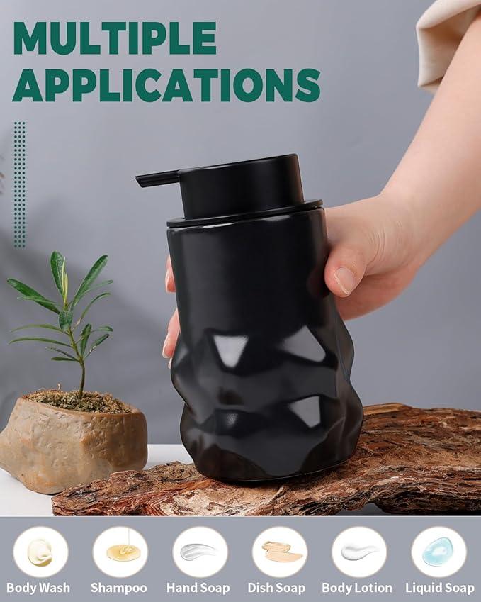 BosilunLife Hand Soap Dispenser - Foam Soap Dispenser Bathroom Ceramic Dish Liquid Soap Dispenser for Kitchen, Bathroom Countertop Soap Dispensers (Black-Foam-Sculpt) - ModernBath