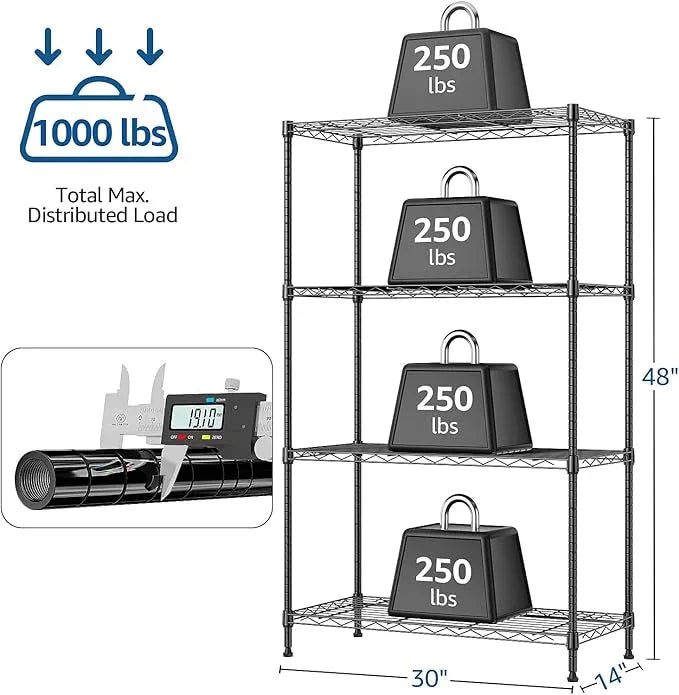 1000 lbs 4Tier Shelf Metal Storage Shelves Wire Rack Closet Organizers with Wheel for Garage Kitchen Bathroom Laundry Black 13.7" D x 29.5" W x 47.2" H - ModernBath