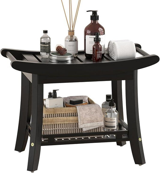 Eastglory Bamboo Shower Bench Chair Bathroom Shower Stool Seat for Inside Shower Bathtub with Storage Shelf Shower Foot Rest for Shaving Legs 25.2 x 13 x 19.2 Inches Black - ModernBath