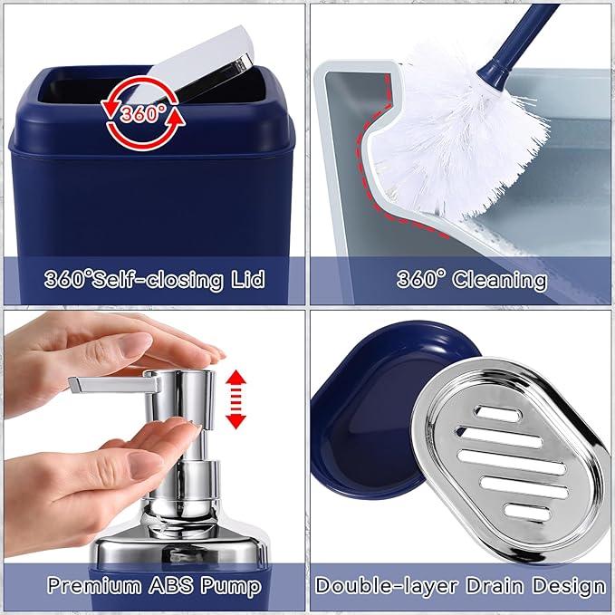 XLHOMO 24PC Navy Blue Bathroom Set with Shower Curtain and Rugs, Blue Bathroom Sets Complete with Trash Can,Soap Dispenser,Soap Dish,Toilet Brush,Toothbrush Holder and Cup,Tray,Q-Tip Holders - ModernBath