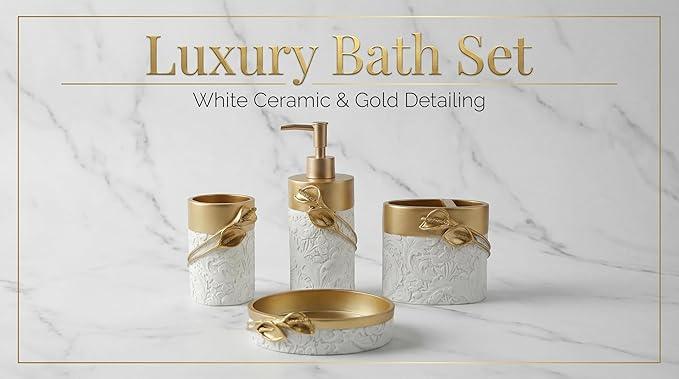 Hymmah Bathroom Accessories Set,Golden Design Toothbrush Holder,Farmhouse Bathroom Decor,4 Pcs Resin Gift Set Apartment Necessities, Contain Toothbrush Cup,Soap Dispenser,Soap Dish,Tumbler - ModernBath