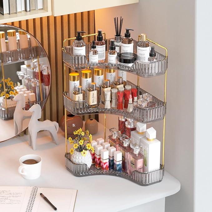 GTI 3-Tier Corner Bathroom Counter Organizer, Large Capacity Makeup Organizer Countertop, Perfume Cosmetics Skincare Vanity Organizers, Exquisite Countertop Storage for Women (Gray) - ModernBath