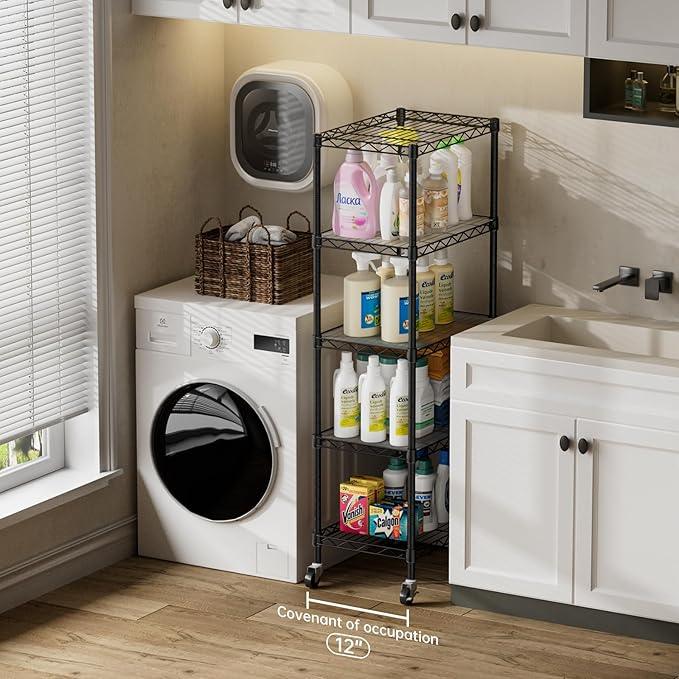 SINGAYE 5 Shelves Storage Shelf Wire Closet Bathroom Organizers Metal Pantry Kitchen Small Garage Shelving Unit Laundry Room Organization Home Narrow Rack Net Basket with Wheels Black - ModernBath