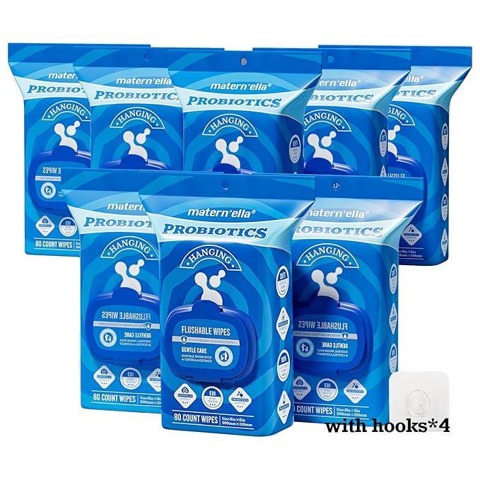 matern'ella Hanging Flushable Wipes Unscented Extra Large Corner-Connected Wet Wipes Adult Plant Based Fibers with Probiotics Alcohol Free Sewer Safe Butt Wipe Travel 3 Packs of 80 Wipes - ModernBath
