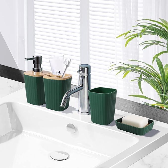 XLHOMO Dark Green Bathroom Accessories Set, 9-Piece Green Bathroom Set with Trash Can, Tray, Soap Dispenser, Toothbrush Holder, Toothbrush Cup, Soap Dish, Toilet Brush and Q-tip Holders - ModernBath