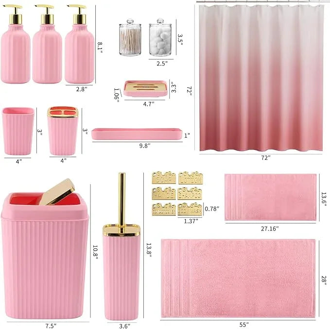 WSBArt 32PCS Bathroom Accessories Set Bathroom Set,Pink Shower Curtain Set,Bath Towel Set,Hand Towel,Toilet Brush,Trash Can & 3PCS Soap Dispenser - ModernBath