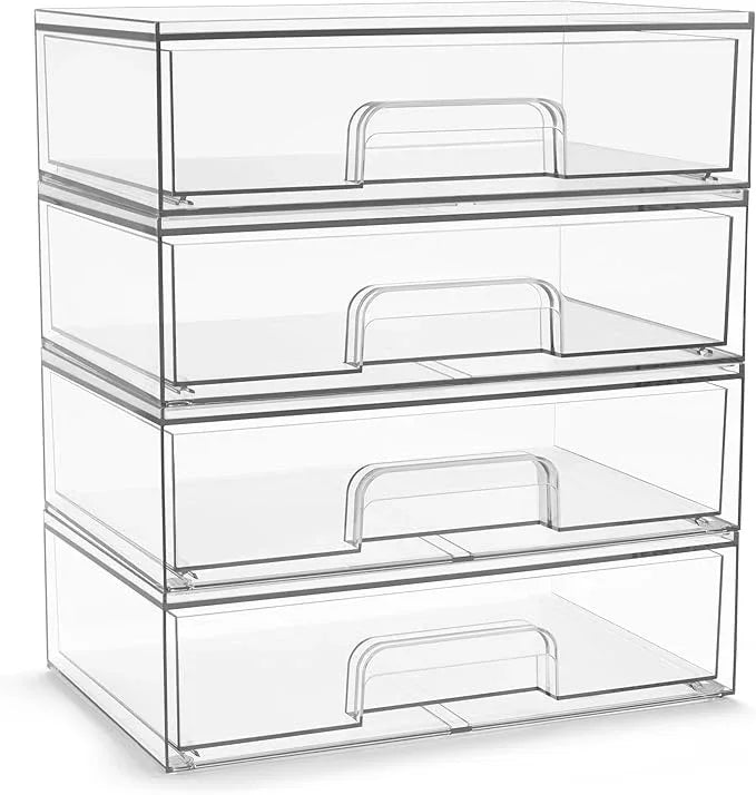 Sorbus Acrylic Storage Containers - 4 Pack, Stackable Storage Bins Set for Bathroom Organization - Clear Acrylic Drawer Organizers - Makeup Case Pull-Out Drawers (12.1’’ Wide) - ModernBath