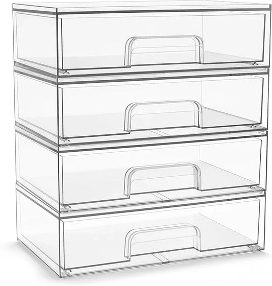 Sorbus Acrylic Storage Containers - 4 Pack, Stackable Storage Bins Set for Bathroom Organization - Clear Acrylic Drawer Organizers - Makeup Case Pull-Out Drawers (12.1’’ Wide) - ModernBath