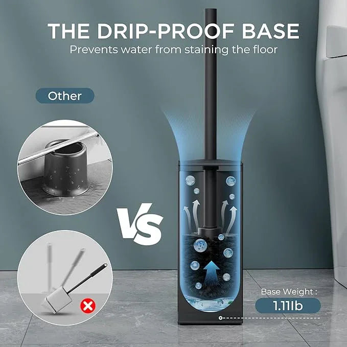 FORIOUS Toilet Brush and Holder Set, Heavy Duty 304 Stainless Steel Base Square and Long Handle for Bathroom Deep Cleaning, Drip-Proof, Space Saving for Storage, 2 Toilet Bowl Brush Head, Black - ModernBath