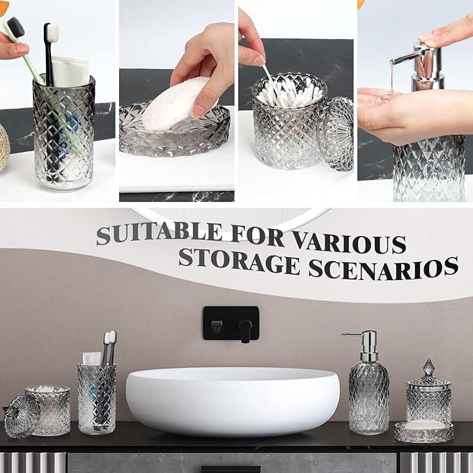 Bathroom Accessories Set, 5Pcs Gradient Glass Bath Accessory Sets Complete, Glass Bathroom Accessories with Soap Dispenser, Soap Dish, Toothbrush Holder, Qtip Holder - ModernBath