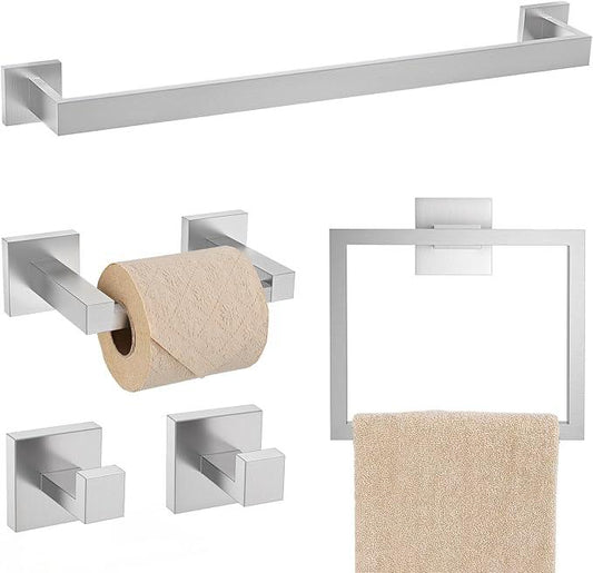 TQKAG Brushed Nickel Bathroom Hardware Accessories Set 5 Pieces, Double Post Pivoting Toilet Paper Holder Set Stainless Steel Square Bathroom Towel Bar Holder Set Wall Mounted - ModernBath