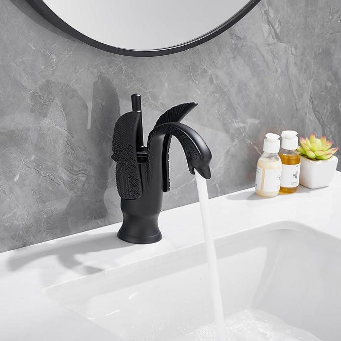 GGStudy Bathroom Faucet Matte Black Swan Single Handle 1 Hole Bathroom Vanity Faucet Basin Tap Deck Mount Lavatory - ModernBath