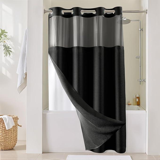 River Dream Black Fabric Shower Curtain Set, Cotton Blend, Waffle Weave, with Snap in Replacement Liner，54 x 80 inches - ModernBath