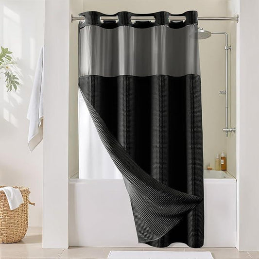 River Dream Black Fabric Shower Curtain Set, Cotton Blend, Waffle Weave, with Snap in Replacement Liner，54 x 80 inches - ModernBath