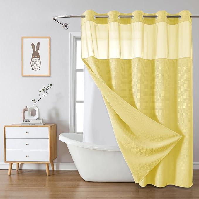 eachope Yellow No Hook Waffle Weave Shower Curtain with snap-in Liner Replacement, 230GSM Waterproof Fabric Hotel Shower Curtain Set for Bathroom, Through Mesh Top Window,71Wx80H - ModernBath