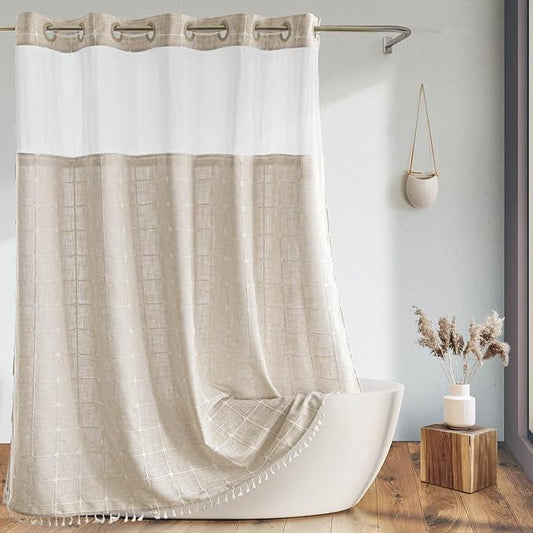 Farmhouse Shower Curtain with Snap-in Liner,No Hooks Needed, Fabric Shower Curtains with Tassels for Rustic Bathroom Decor,with Window,with Magnets,Water Repellent&Machine Washable,Linen,71x80Inch - ModernBath
