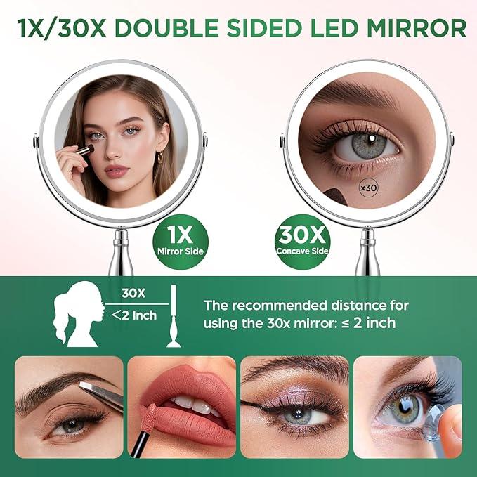 DASLAVA 30x Magnifying Mirror, Lighted Makeup Mirror with 3 Colors Modes & Adjustable Brightness, 5000mAh Rechargeable, 360° Rotation Double Side, Large Magnifying Vanity Mirror, Gifts for Women - ModernBath