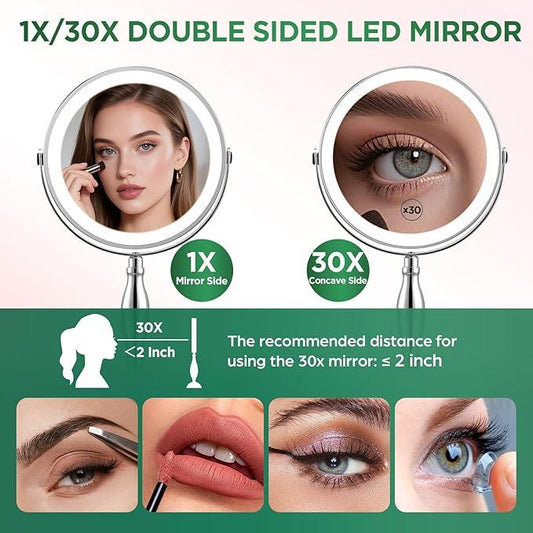DASLAVA 30x Magnifying Mirror, Lighted Makeup Mirror with 3 Colors Modes & Adjustable Brightness, 5000mAh Rechargeable, 360° Rotation Double Side, Large Magnifying Vanity Mirror, Gifts for Women - ModernBath