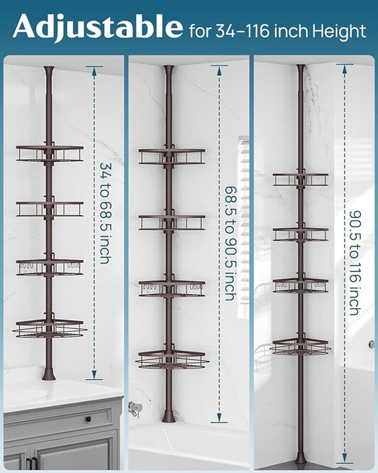 SEIRIONE Rustproof Shower Corner Caddy Organizer for Bathroom,Tension Pole with 4 Baskets, for Bathtub Storage Rack, 34 to 116 Inch Height, Bronze