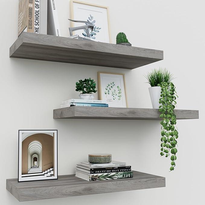 Floating Shelves for Wall Set of 3, 16" Gray Wall Shelves for Home Decor, Frame Display Floating Shelf for Living Room, Bedroom, Bathroom, Kitchen - ModernBath