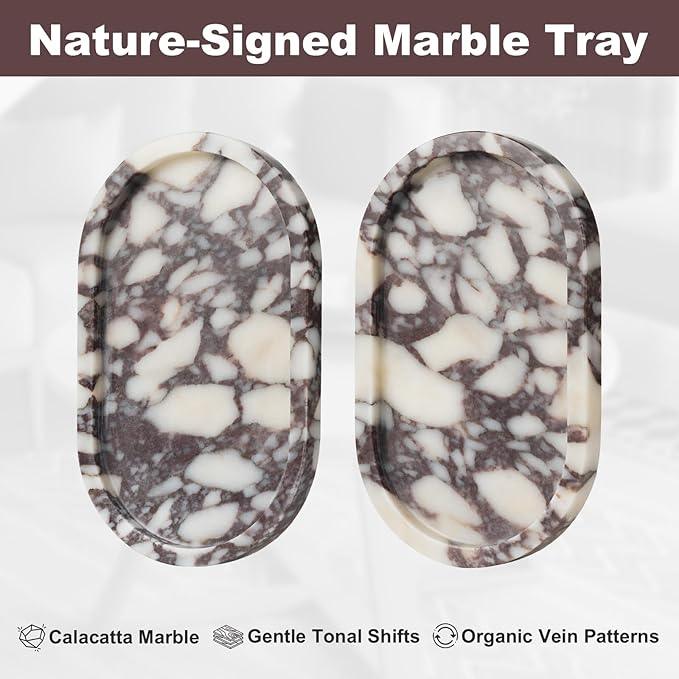 Natural Calacatta Viola Marble Tray 10"x6" - Non-Resin Bathroom Vanity Organizer & Kitchen Decor | Waterproof Oval Stone Serving Dish (Purple Portoro) - ModernBath