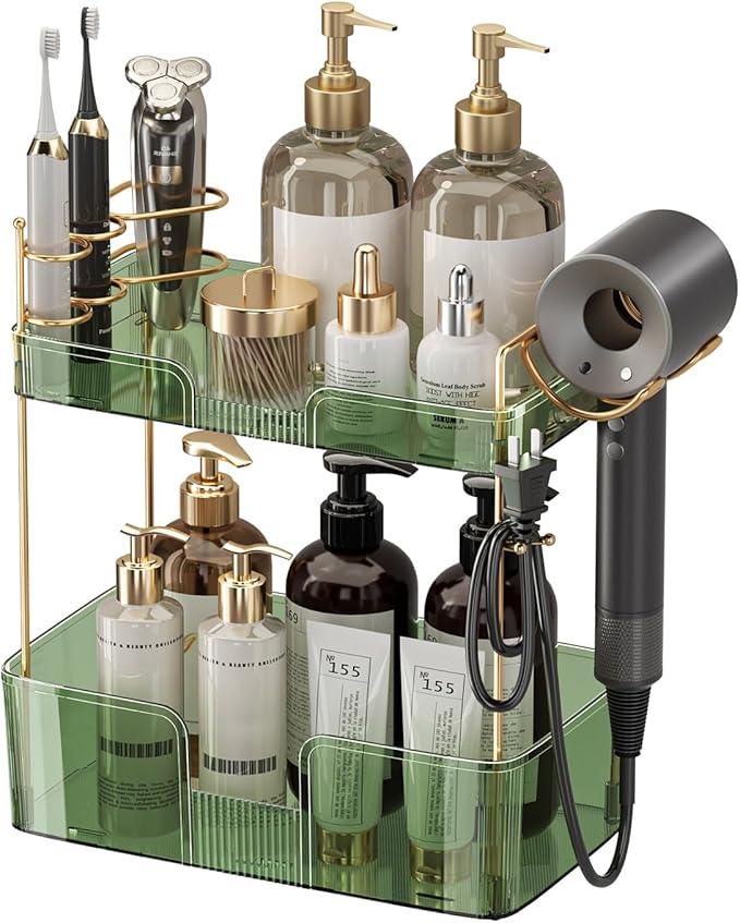YCIA&DONE Luxury Bathroom Counter Organizer, Large Makeup Organizer Countertop, Shelf Organizer, Vanity Tray, Easily Assemble for Bathroom Organizers and Storage, Undersink, Cabinet, 2 Tiers Green - ModernBath