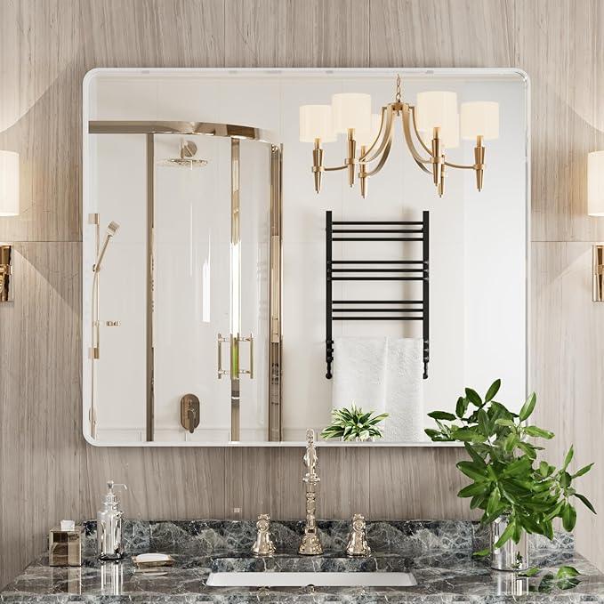 JISOSO White Bathroom Mirror 30x36 Inch, White Metal Framed Bathroom Mirror for Wall, Rounded Rectangle Matte Bathroom Vanity Mirror, Tempered Glass, Anti-Rust, Horizontal/Vertical - ModernBath