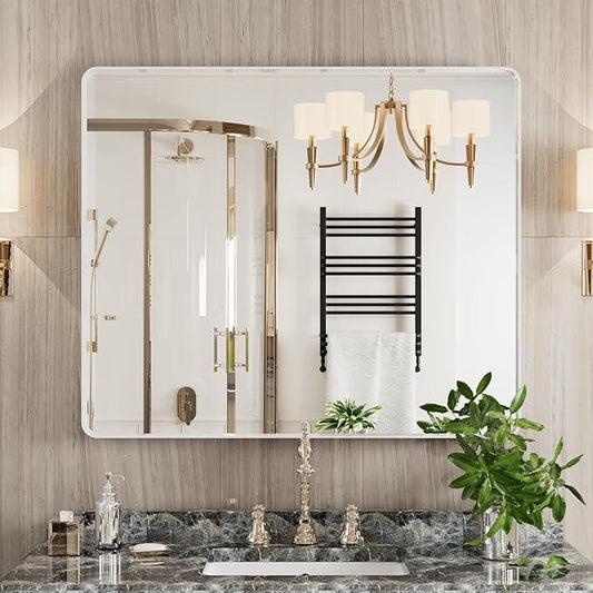 JISOSO White Bathroom Mirror 30x36 Inch, White Metal Framed Bathroom Mirror for Wall, Rounded Rectangle Matte Bathroom Vanity Mirror, Tempered Glass, Anti-Rust, Horizontal/Vertical - ModernBath