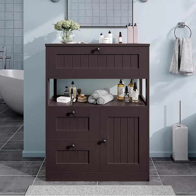 Bathroom Cabinet, Modern Bathroom Floor Storage Cabinet Organizer with 1 Door and 3 Drawers, Freestanding Cupboard for Kitchen/Living Room Use - ModernBath