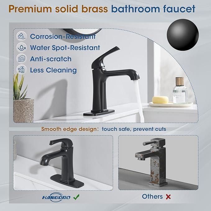 Matte Black Bathroom Faucet, Brass Single Hole Bathroom Faucets for 1 or 3 Holes, Vanity Faucet with Supply Lines and Deck Plate, Pop Up Drain - ModernBath