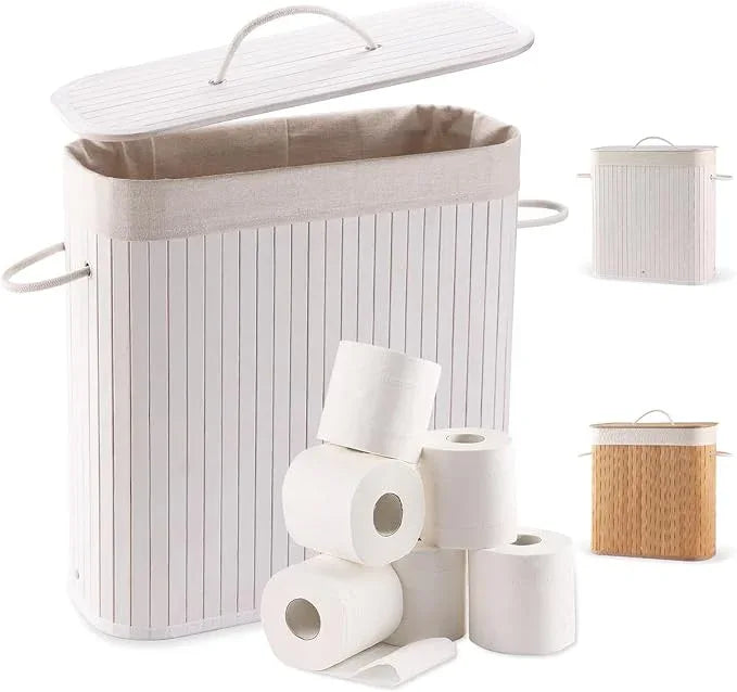 Bamboo Toilet Paper Storage with Lid & Handel, 8 Gallons (30L), Sturdy Toilet Paper Basket, Organizer for Bathroom, Kitchen, Holder with Storage, White - ModernBath