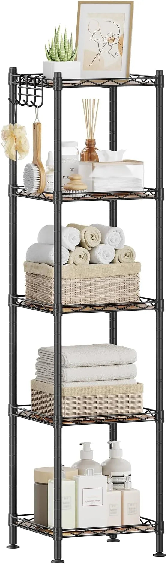 SONGMICS 5-Tier Bathroom Shelf, Storage Rack for Small Space, with 5 PP Shelf Liners, Removable Hook, Extendable Design, Ink Black and Rustic Brown ULGR023B02 - ModernBath