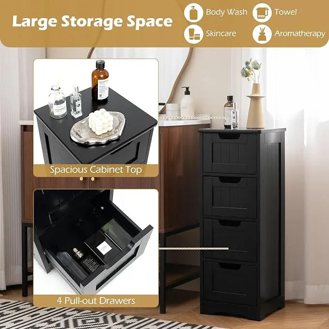 LOKO Floor Storage Cabinet with 4 Drawers, Bathroom Cabinet with Anti-toppling Device, Multifunctional Floor Cabinet for Bathroom, Living Room, Kitchen, 12 x 12 x 32 inches (Black) - ModernBath