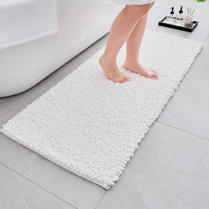 Ruggnovea Chenille Bathroom Rugs Non Slip Washable 60x24, Extra Thick Soft Absorbent Chenille Bath Mat, Non-Slip Barrier Backing, Quick Dry Machine Washable Bath Mats Tub, Shower,Floor/Sink,White - ModernBath