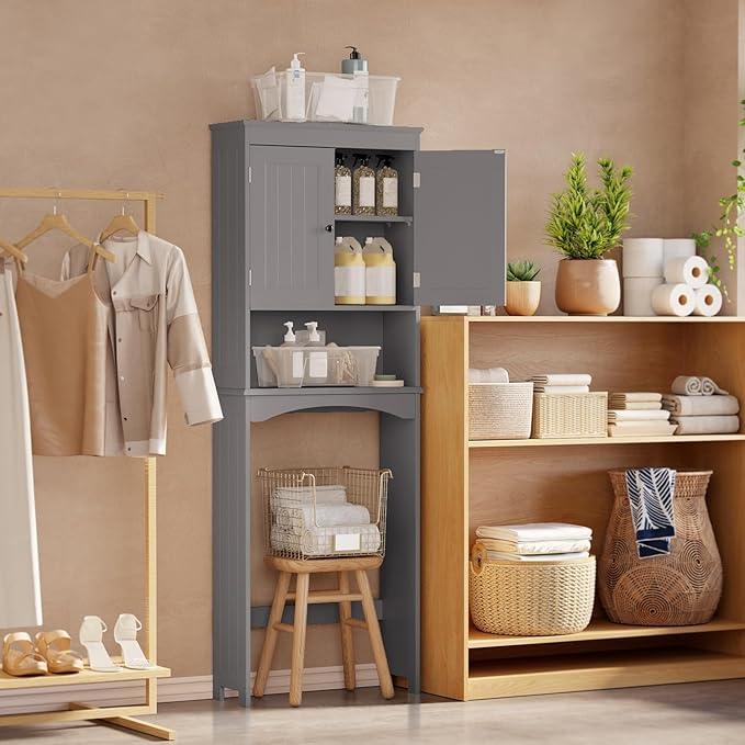 Gizoon Over The Toilet Storage Cabinet with Adjustable Shelf and Double Doors, Bathroom Space Saver Organizer Above Toilet with Open Shelf, Taller Wooden Free Standing Toilet Rack -Grey - ModernBath