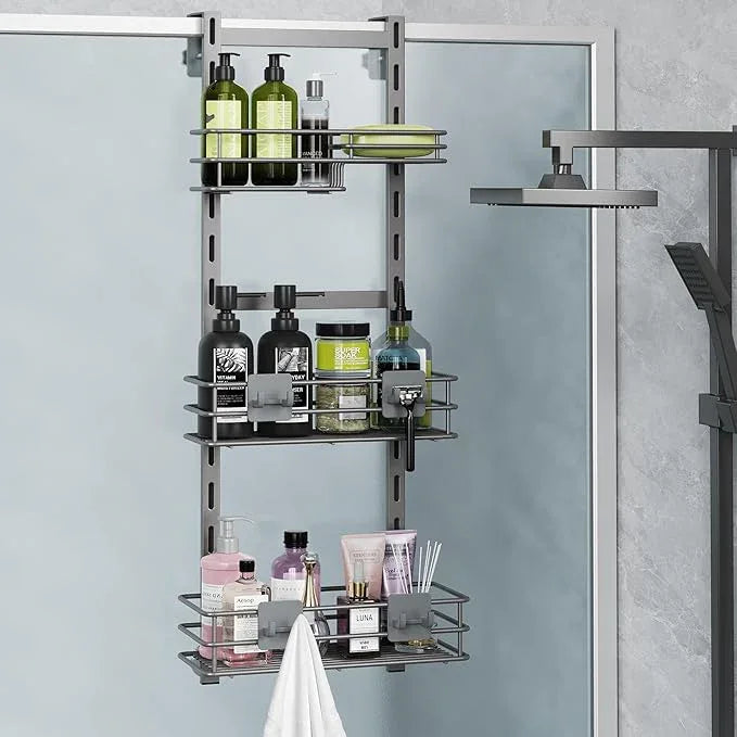 Orimade Over the Door Shower Caddy Adjustable 3 Tier Dark Grey,Bathroom Hanging Organizer Shelf Rustproof with 4 Hooks,Shower Basket with Soap Holder and Suction Cup - ModernBath