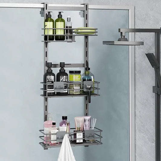 Orimade Over the Door Shower Caddy Adjustable 3 Tier Dark Grey,Bathroom Hanging Organizer Shelf Rustproof with 4 Hooks,Shower Basket with Soap Holder and Suction Cup - ModernBath