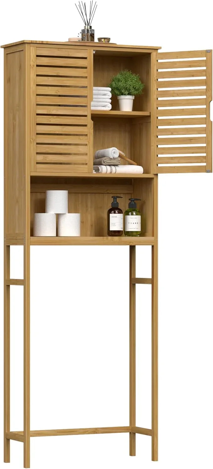 MUPATER 67" H Bathroom Over The Toilet Storage Cabinet with Doors and Shelves, Bamboo Over Toilet Organizer, Freestanding Tall Space Saver Toilet Rack, Natural Wood - ModernBath